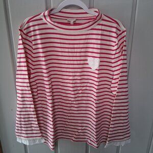 Talbots Pink White Stripe Cotton Heart Lace Mock Neck Tee Shirt NWT Sz XL